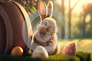 the Easter Bunny with eggs cartoon Happy Easter greeting card. illustration AI generation