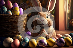 the Easter Bunny with eggs cartoon Happy Easter greeting card. illustration AI generation