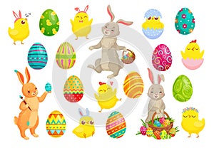 Easter bunny eggs. Cute rabbit, spring chicks and colorful egg vector illustration set