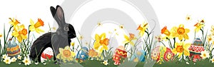 Easter Bunny and Eggs with Daffodils - Vector Illustration for Holiday Greeting Cards or Logo on Green Silhouette Background