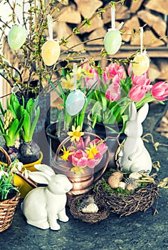 Easter bunny and eggs decoration. Spring flowers tulips, narcissus