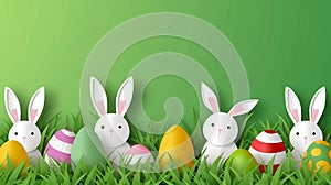 Easter bunny with eggs and flowers on green background, paper art style