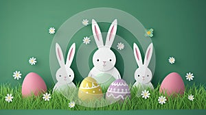 Easter bunny with eggs and flowers on green background, paper art style