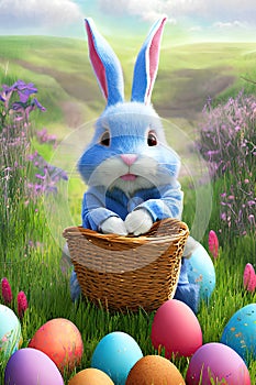 Easter bunny and Easter eggs on green grass field spring meadow