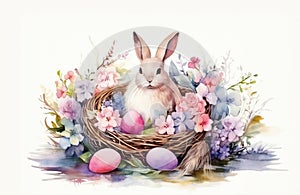 Easter bunny and eggs in nest in watercolor painted style. Easter decoration, easter greeting card, poster or background.