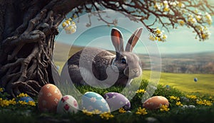 Easter bunny with easter eggs under a tree . Generative AI