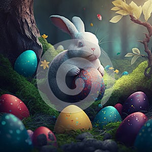 Easter bunny fabulous in a dense forest, colored Easter eggs on the grass. Generative AI