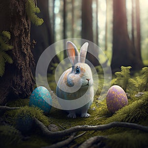 Easter bunny fabulous in a dense forest, colored Easter eggs on the grass. Generative AI