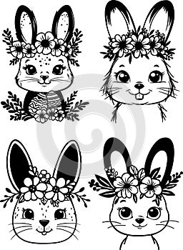Easter Bunny Face Cute Rabbit with a Floral wreath