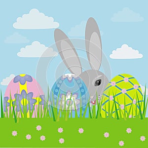 Easter bunny with farbic easter eggs. Vector graphics