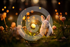 Easter bunny in field with soft evening light and bokeh. Easter greeting card