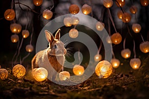 Easter bunny in field with soft evening light and bokeh. Easter greeting card