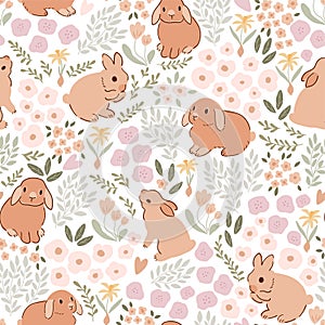 Easter bunny floral pattern in beige color. Baby rabbit animal, tiny flowers spring field. Cute vector print