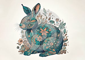Easter bunny with flowers, abstract illustration for sticker, mug, print, copy space