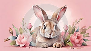 Easter bunny with flowers on beige background. Watercolor illustration photo