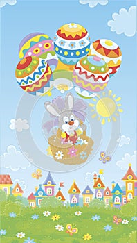 Easter Bunny flying with balloons