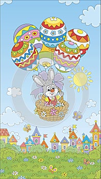 Easter Bunny flying with balloons