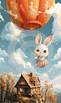 Easter bunny flying in a hot air balloon. Happy. AI generative