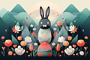 Easter bunny in forest with egg and colored flowers illustrationt. Generative ai
