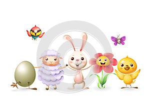 Easter bunny and friends celebrate Easter and spring - egg chicken sheep flower butterfly and bee-eater bird - isolated on white