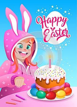 Easter bunny girl with Easter cake and eggs