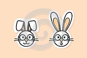 Easter Bunny with glasses on cartoon character, baby rabbit cute smiling and surprised face, two vector stickers