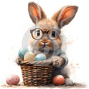 Easter bunny in glasses and clothes holds a basket with Easter eggs