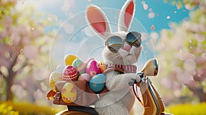 Easter bunny in glasses rides a motorcycle with eggs in a basket on a spring blooming street