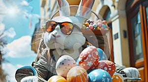 Easter bunny in glasses rides a motorcycle with eggs in a basket on a spring street