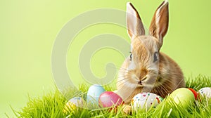 Easter bunny in the grass and colorful eggs on green background, text space