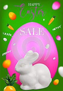 Easter bunny on a green background, with colorful eggs and carrots. Easter Sale