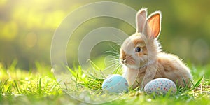 Easter bunny on green grass: copy space for holiday message, banner