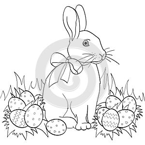 Easter bunny on green grass, Easter eggs. Children coloring book. Black lines, white background