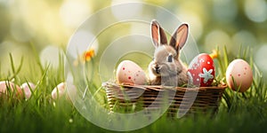 Easter bunny in green grass with painted eggs, sunny day, egg hunt, Happy Easter banner background