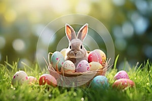 Easter bunny in green grass with painted eggs, sunny day, egg hunt, Happy Easter banner background