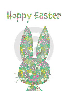 Easter bunny greeting card template. Hoppy Easter vector holiday design. Rabbit silhouette with floral pattern on white background