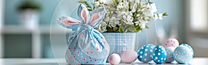 Easter Bunny Greetings: Festive Fabric Gift Bag with Eggs and Ears on White Table - Happy Easter Decoration Concept