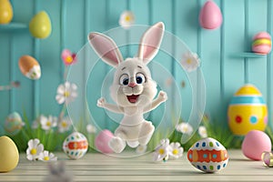 The Easter bunny happily jumps surrounded by colorful eggs