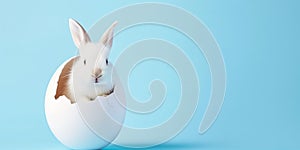 Easter bunny from hatched egg. Easter blue background