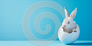 Easter bunny from hatched egg. Easter blue background