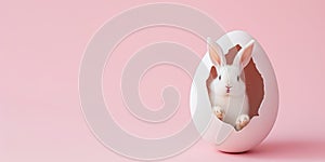 Easter bunny from hatched egg. Easter pink background