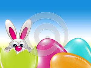 Easter bunny hatched from egg over blue sky
