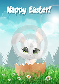 Easter bunny hatching from an egg on a field with flowers