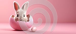 easter bunny hatching from pink easter egg, isolated on pastel pink background