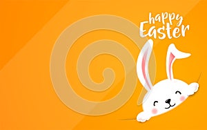 Easter bunny hide at the corner. Cute funny rabbit wish happy Easter holiday