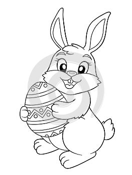 Easter Bunny holding Easter egg. Black and white vector illustration for coloring book