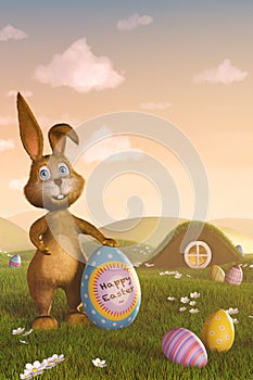 Easter bunny holding an egg with the words 'Happy Easter'