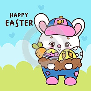 Easter bunny holding eggs and carrot farm. Series: Kawaii animals rabbit egg hunting (Character cartoon).
