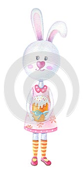 Easter Bunny holds an Easter cake in its paws. Cute watercolor cartoon Bunny girl in pink dress and shoes.