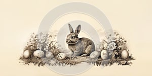Easter bunny in the horizontal banner. Painted eggs. Sepia, vintage engraving, space for words